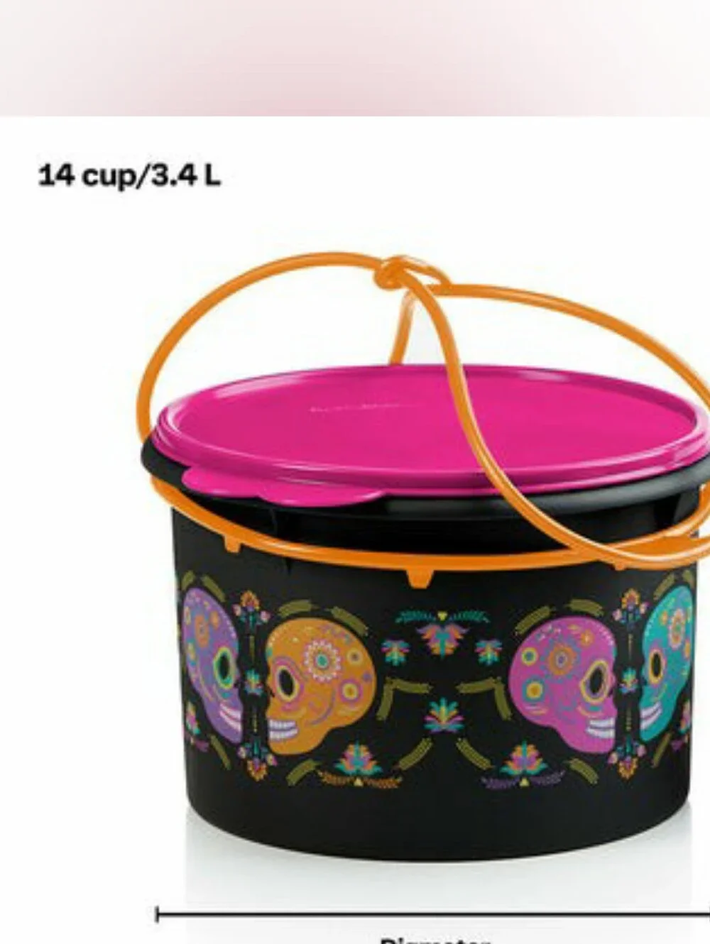 Tupperware Candy Bucket with Pink Lid And Orange Handle With Cups And Spoons